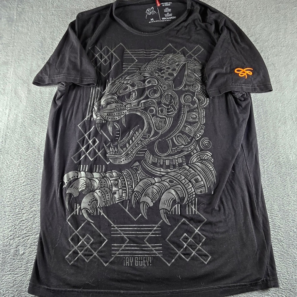 Ay Guey! Mens Aztec Jaguar Graphic T-Shirt Black Silver Metallic Size M